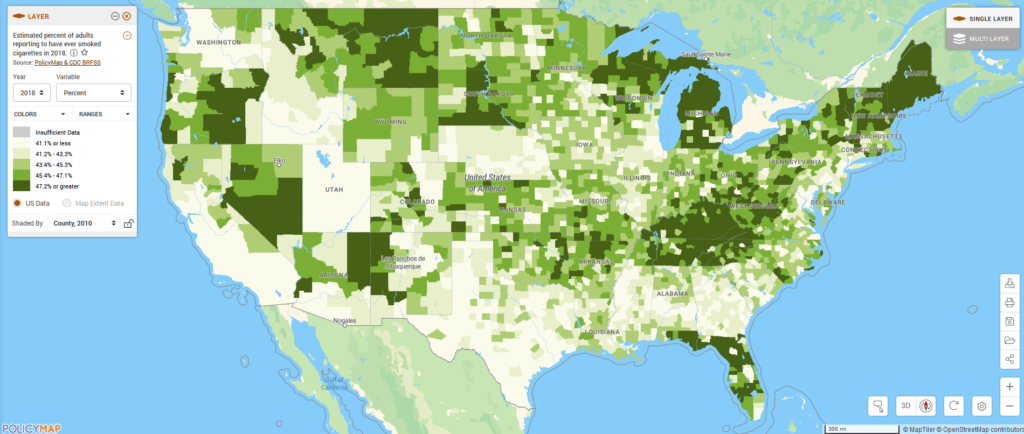 Map of United States showing the estimated percent of adults reporting to have ever smoked cigarettes in 2018.
