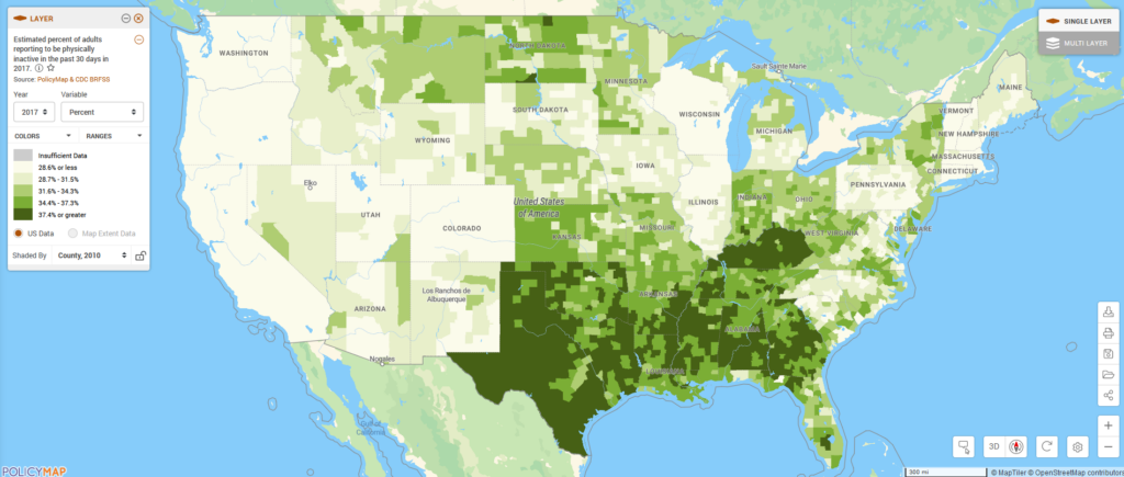 Map of United States displaying estimated percent of adults reporting to be physically inactive in the past 30 days in 2017. The highest percentages are in the south.